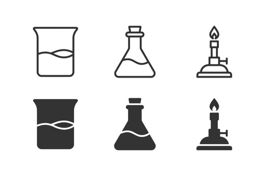 Chemical equipment icons: beaker, flask, and bunsen burner silhouettes.