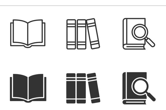 Library and research icon set featuring books and magnifying glass.