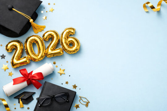 Graduation 2026 composition with numbers, scroll and student accessories on blue surface.