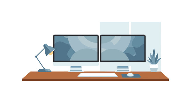 A minimalist vector graphic of a workspace with two computer monitors