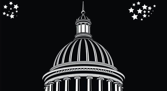 Capitol dome silhouette with stars against a black background