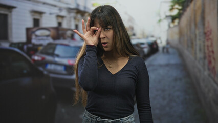 Fototapeta premium Young hispanic woman forms ok sign over eye with right hand on a narrow city street beside parked cars while smiling and looking upward; playful curiosity.