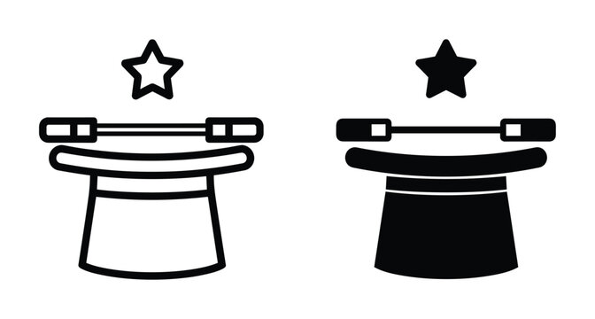 Magician top hat with magic wand and star icon set in outline and solid black style for circus performance show