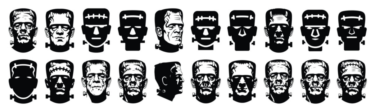 Collection of  frankenstein head silhouette design element art. Happy Halloween Vector  silhouette icons.