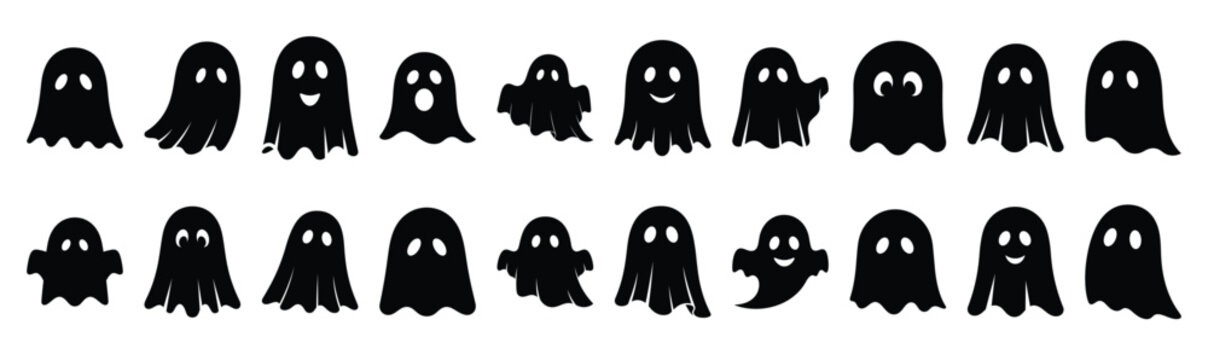 Collection of  friendly ghost silhouette design element art. Happy Halloween Vector  silhouette icons.