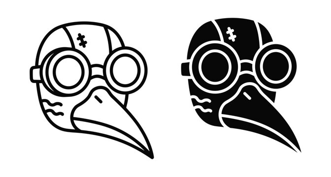 Plague doctor mask icon set with steampunk goggles and long beak in black and white outline and solid silhouette styles