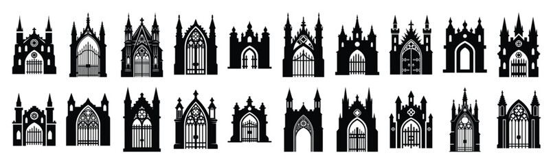 Fototapeta premium Collection of gothic gate silhouette design element art. Happy Halloween Vector silhouette icons.