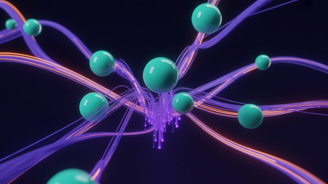 Vibrant teal spheres representing data points or molecules are interconnected by glowing purple and orange fiber optic lines in a dynamic abstract network.