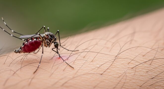 Close-up of mosquito feeding on human skin, highlighting insect bite and blood, symbolizing nature's impact and health concerns.