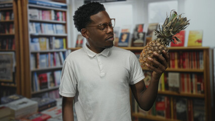 Man holding a ripe pineapple in a library building near tall bookshelves while looking at its texture  curiosity. © Krakenimages.com