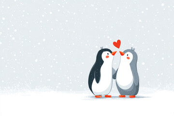 Obraz premium Two penguins with a love heart. Space for text.