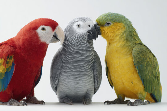 Three parrots talking close-up, bright feathers.