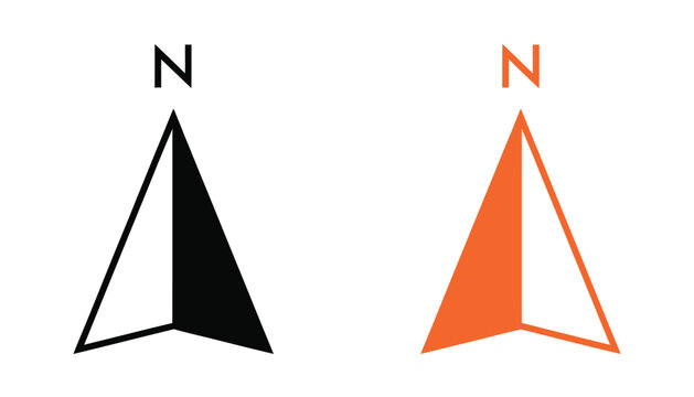Compass and north arrow icon set, navigation and direction symbols, N direction sign graphics, travel orientation and location guidance icons