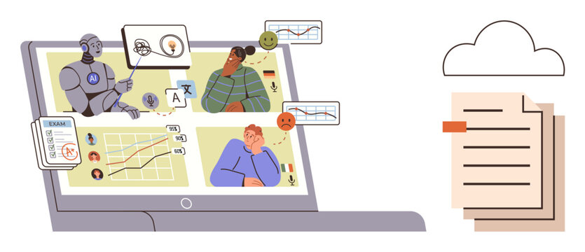 Artificial intelligence, telecommunication, data assessment, education, cloud storage, remote collaboration. Laptop with AI robot, charts users and icons. Artificial intelligence