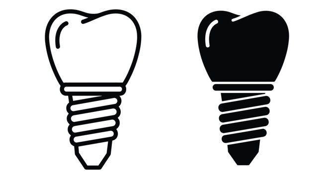 Dental implant icon set showing screw and crown for tooth replacement surgery stomatology dentistry medical healthcare services oral hygiene and prosthetic care