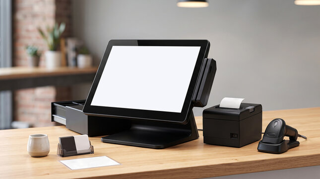 Modern Point of Sale System with Blank Touchscreen, Cash Drawer, Printer, and Barcode Scanner on Wooden Counter.