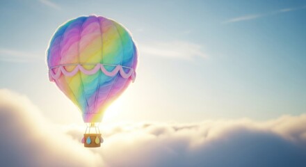 Obraz premium Pastel rainbow hot air balloon floats serenely above clouds at golden hour, evoking fantasy and imagination