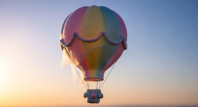 Pastel rainbow hot air balloon model floats serenely in soft twilight sky, evoking fantasy and sweet dreams