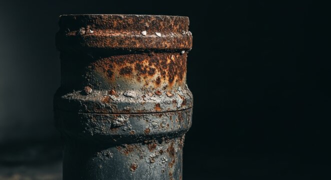 Weathered cast iron drainpipe with rust texture, highlighted by dramatic rim light in a dark, neglected industrial setting, perfect for design backgrounds