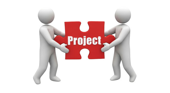 Two white 3 d figures holding a large red puzzle piece with the word project written in white text, isolated on transparent