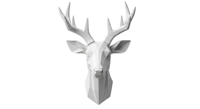 White geometric deer head sculpture with sharp angular facets and large antlers, isolated on transparent background
