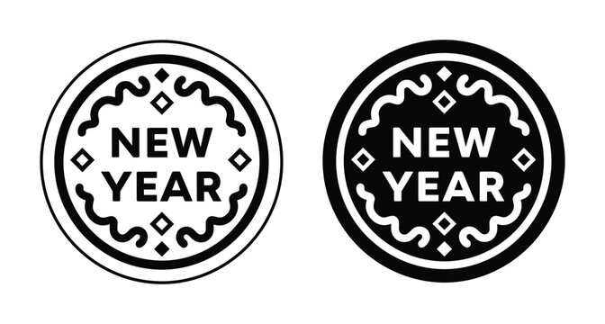 New year celebration badge set with circular frame decorative wavy lines and diamond shapes in black and white minimalist style