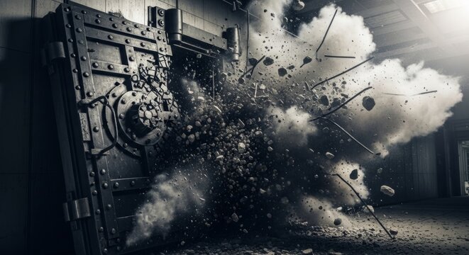 Exploding Steel Vault Door with Flying Debris and Smoke, Dramatic Industrial Action Scene