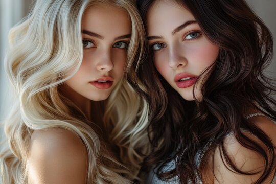 Two female models with long hair posing for a photo shoot