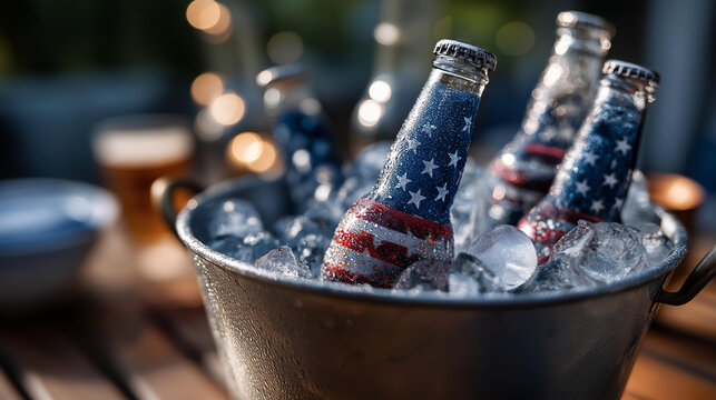 Close up macro of an ice filled bucket holding glass soda bottles wrapped in stars and stripes labels with droplets sparkling in sunlight ice bucket glass soda bottles stars