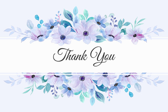 Floral Thank You banners, purple flowers, watercolor leaves, greeting cards, stationery