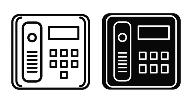 Intercom system icons with handset keypad and display screen in outline and solid glyph styles for security and communication design