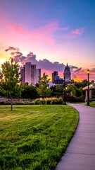 Obraz premium A vibrant sunset casts hues over a cityscape, framed by park greenery and a winding path. Silhouetted buildings reach toward the colorful sky