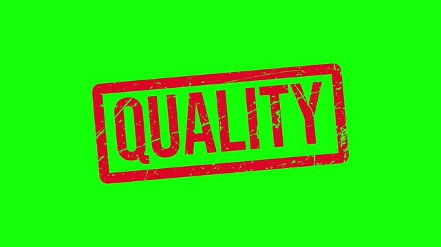 Red QUALITY Rubber Stamp Animation with Grunge Texture on White and Green Screen. A red quality stamp on green background.