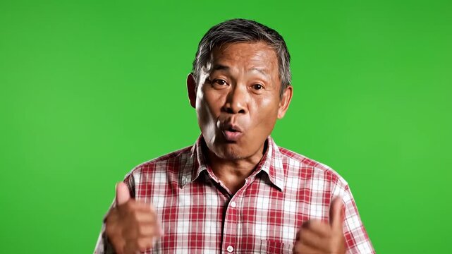 Elderly Asian Man Smiling and Giving Thumbs Up on Green Screen.