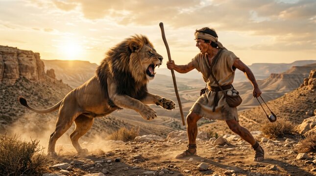 Young shepherd David fighting with roaring lion in desert landscape. Biblical scene from Old Testament. Courage and faith concept, heroic battle between man and fierce predator in sunset.