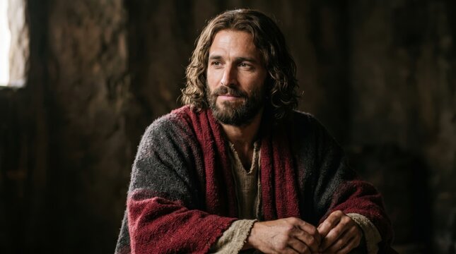 Jesus wearing rustic robe sitting in interior. Religious portrait of man representing Christ. Biblical figure with beard and long hair for Christian faith and spiritual meditation concept.