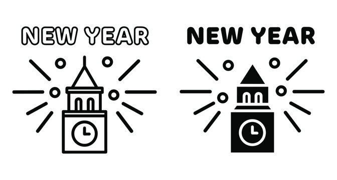 New Year celebration clock tower icon set featuring midnight countdown with fireworks sparkles in outline and solid black vector style