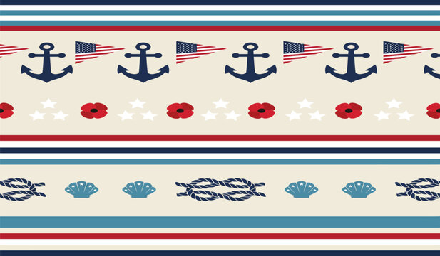 Nautical seamless border vector set, patriotic maritime pattern with anchors and flags, vintage navy blue and red decorative trim for scrapbooking