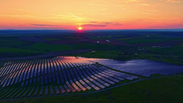 Sun sets behind hills while solar panels cover a large area. The sky shows warm colors and the landscape is wide open with fields and patches of land.