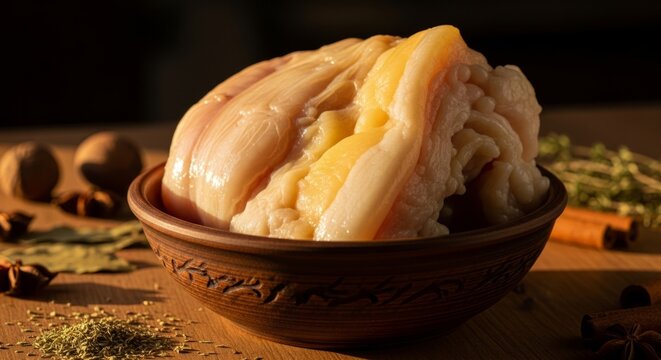 Fat Tail (Kurdyuk) in Ceramic Bowl, Golden Hour Light - Traditional Culinary Ingredient for Rich Flavor Cooking & Food Styling