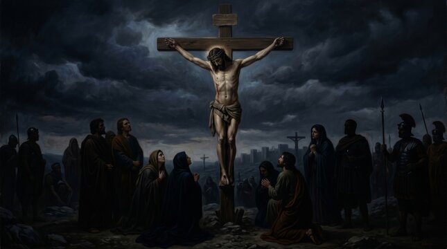 Jesus Christ crucified on wooden cross with mournful followers and roman soldier. Biblical scene depicting passion of Christ. Christian religious painting for Easter celebration.