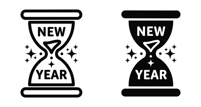 Hourglass icon set with new year text and sparkling stars representing time passing countdown celebration for holiday event party design