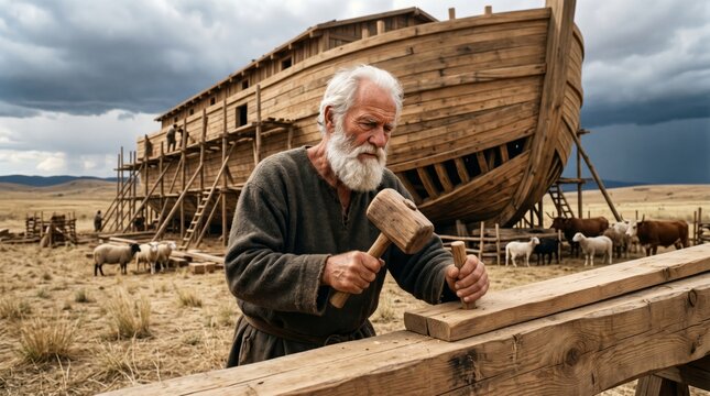 Noah building ark with wooden hammer. Biblical figure working on ship construction. Religious story from Old Testament. Spiritual faith and ancient craft scene in historical setting.