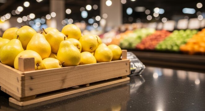 Fresh yellow pears in rustic wooden crate at grocery store produce section, vibrant selection