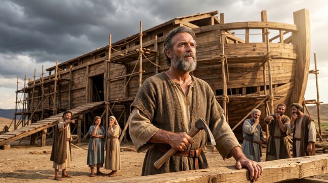 Noah building ark made of wood. Religious scene with biblical prophet holding axe. Faith and obedience to God. Historical setting of great flood preparation for holy scripture story.