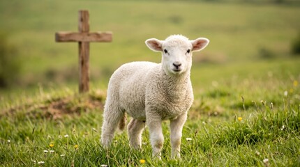 Fototapeta premium Lamb standing on green grass field near wooden cross on sunny day. Religious concept symbolizing Jesus Christ as shepherd. Christian faith peace and easter holiday background scenery.