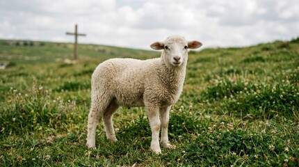 Obraz premium Lamb standing on green hill with wooden cross in background. Religious concept of Jesus Christ as shepherd. Christian faith, Easter celebration and spiritual peace symbolism.