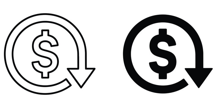 Cost reduction icon vector set, dollar decrease sign symbols, profit decline graphics, cost saving indicators, financial efficiency