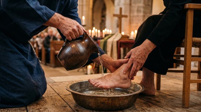 Man washing feet of another man during religious ritual in church. Priest performing humility ceremony inspired by Jesus. Catholic tradition of Maundy Thursday service.