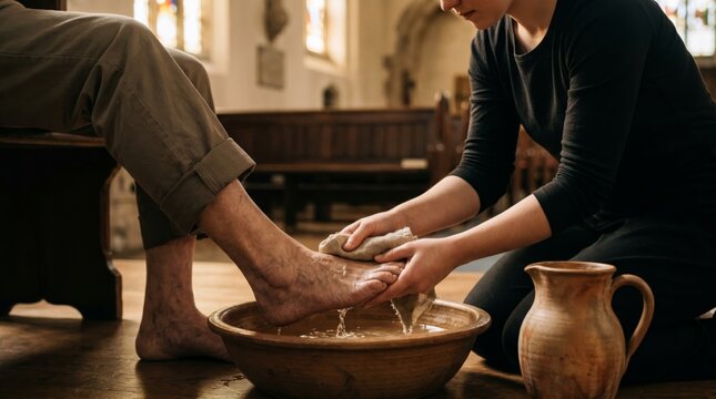 Woman washing old man foot in bowl of water inside church. Christian ritual of foot washing as act of humility and service. Symbol of faith, bible story, devotion and kindness.